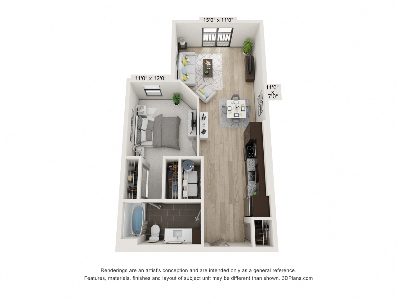 Floor plan for 1 bed, 1 bath, 790 sqft